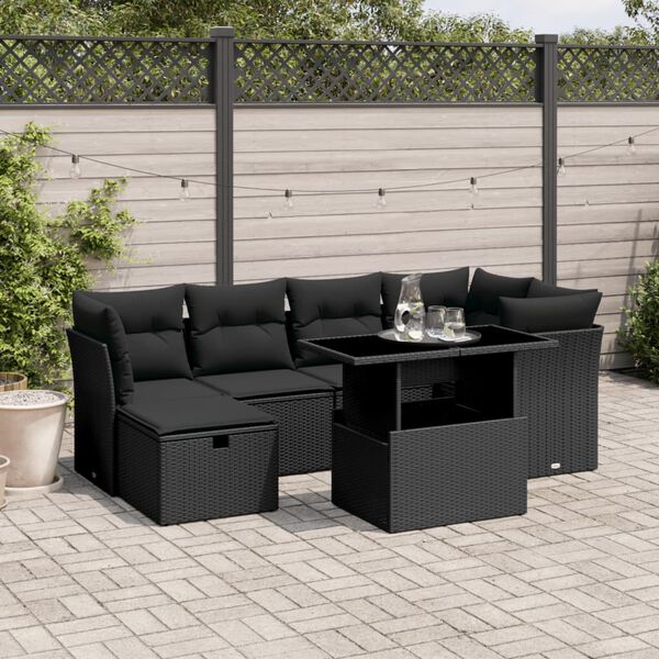 vidaXL 7 pcs conjunto de sof&aacute;s p/ jardim c/ almofad&otilde;es vime PE preto