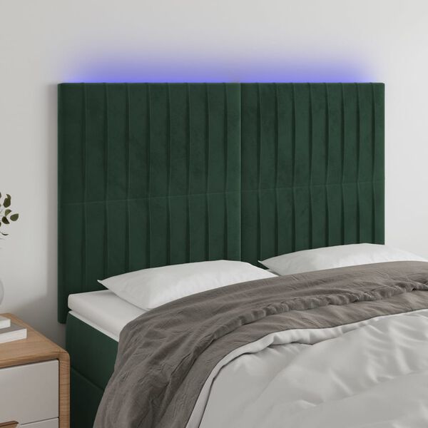 vidaXL Cabeceira de cama c/ LED veludo 144x5x118/128 cm verde-escuro