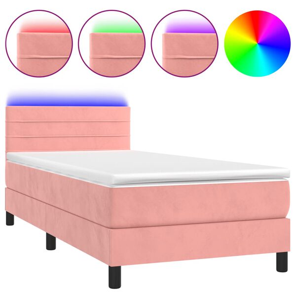 vidaXL Cama box spring c/ colch&atilde;o/LED 90x200 cm veludo rosa