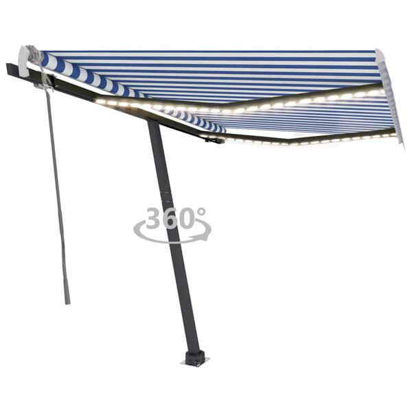 vidaXL Toldo retr&aacute;til manual com LED 350x250 cm azul e branco