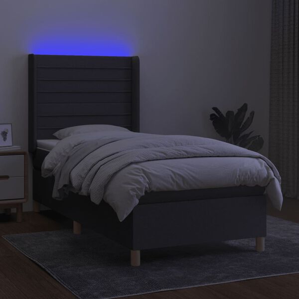 vidaXL Cama box spring c/ colch&atilde;o e LED 90x200 cm tecido cinza-escuro