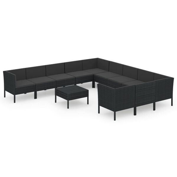 vidaXL 12 pcs conjunto lounge de jardim c/ almofad&otilde;es vime PE preto