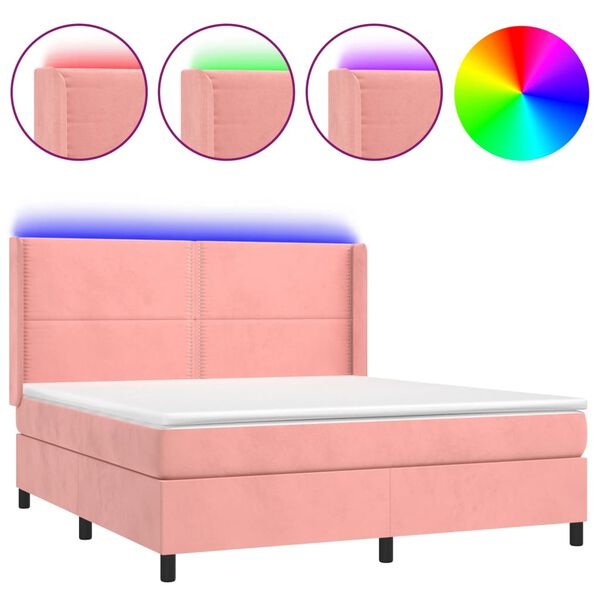 vidaXL Cama box spring c/ colch&atilde;o/LED 180x200 cm veludo rosa