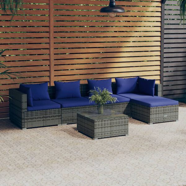 vidaXL 6 pcs conjunto lounge de jardim c/ almofad&otilde;es vime PE cinzento