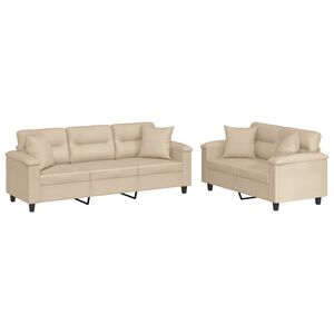 vidaXL 2 pcs conjunto sof&aacute;s c/ almofadas tecido microfibra cor creme