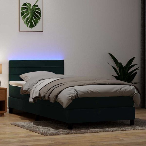 vidaXL Cama box spring c/ colch&atilde;o e LED verde-escuro 80x220 cm veludo