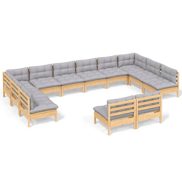 vidaXL 12pcs conjunto lounge de jardim + almofadões cinza pinho maciço
