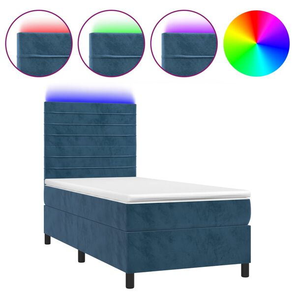 vidaXL Cama box spring c/ colch&atilde;o/LED 90x200 cm veludo azul-escuro