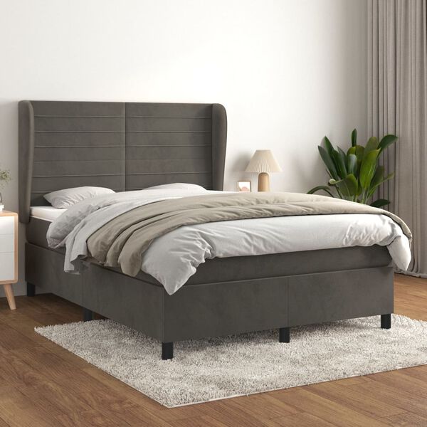 vidaXL Cama com molas/colch&atilde;o 140x190 cm veludo cinzento-escuro