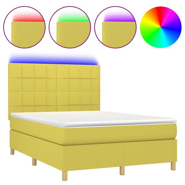 vidaXL Cama box spring c/ colch&atilde;o e LED 140x190 cm tecido verde