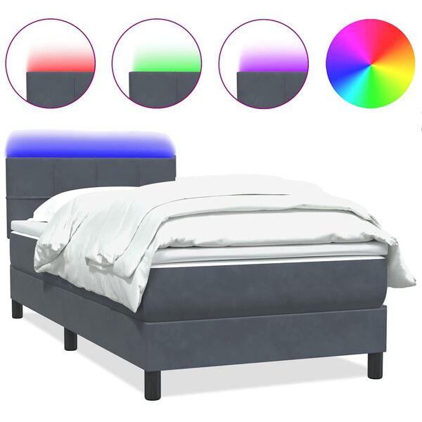 vidaXL Cama box spring c/ colch&atilde;o e LED 100x210 cm veludo cinzento-escuro