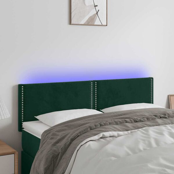 vidaXL Cabeceira de cama c/luzes LED veludo 144x5x78/88cm verde-escuro