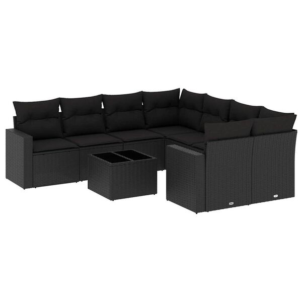 vidaXL 9 pcs conjunto de sof&aacute;s p/ jardim c/ almofad&otilde;es vime PE preto