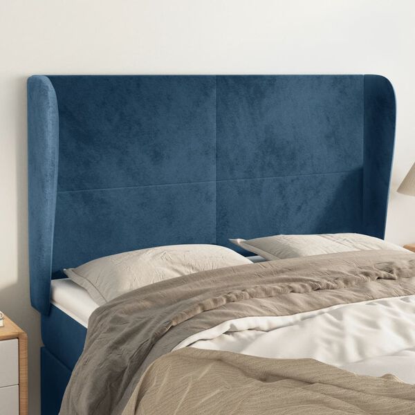 vidaXL Cabeceira cama c/ abas veludo 147x23x118/128 cm azul-escuro