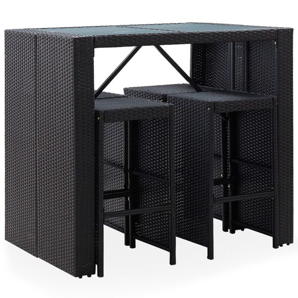 vidaXL 5 pcs conjunto de bar para jardim vime PE e vidro preto