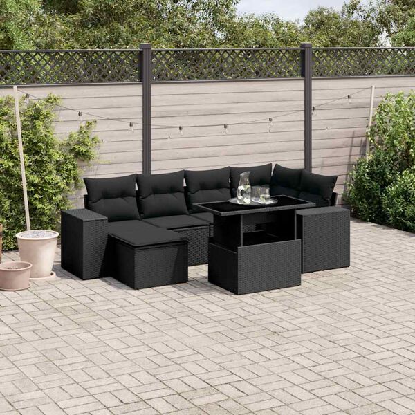 vidaXL 7 pcs conjunto de sof&aacute;s p/ jardim c/ almofad&otilde;es vime PE preto