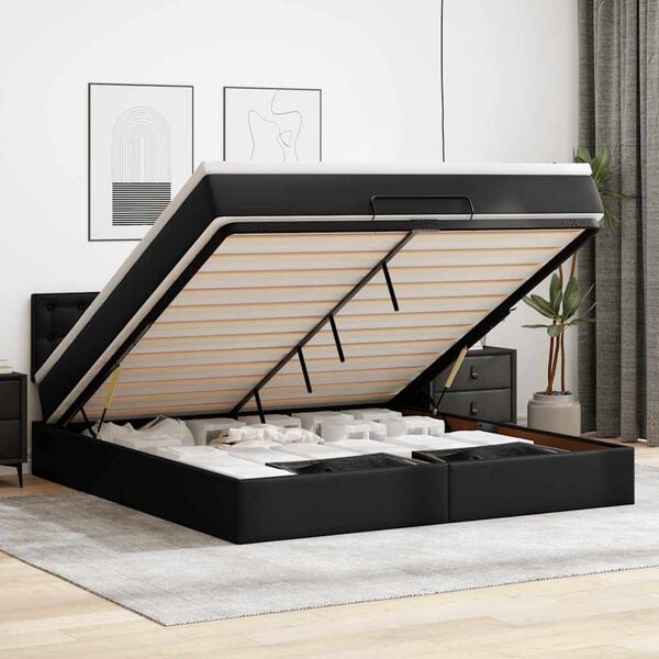 vidaXL Cama otomana com colch&otilde;es&LEDs 180x200cm couro artificial preto