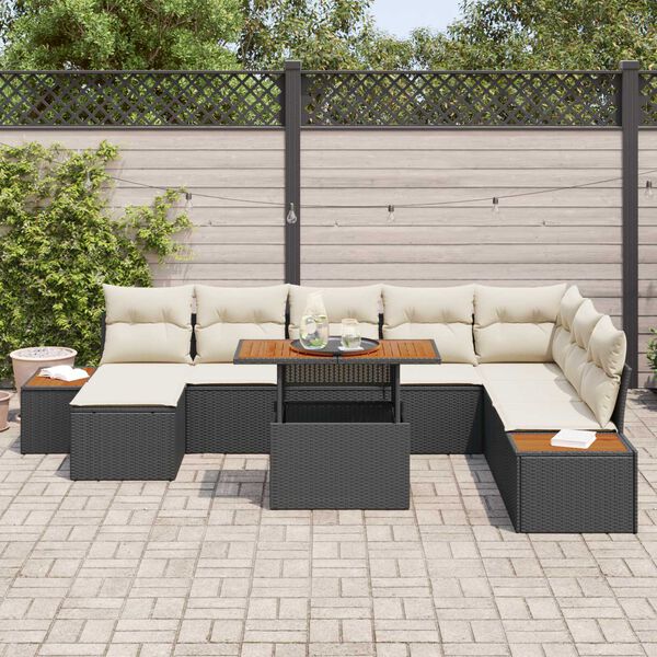 vidaXL Conjunto de Jantar para Jardim com almofada 9 pcs Preto e Bege