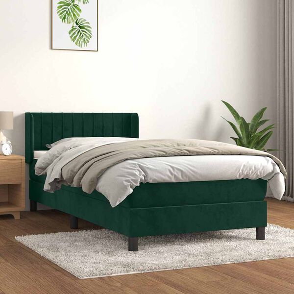 vidaXL Cama com molas/colch&atilde;o 100x200 cm veludo verde-escuro