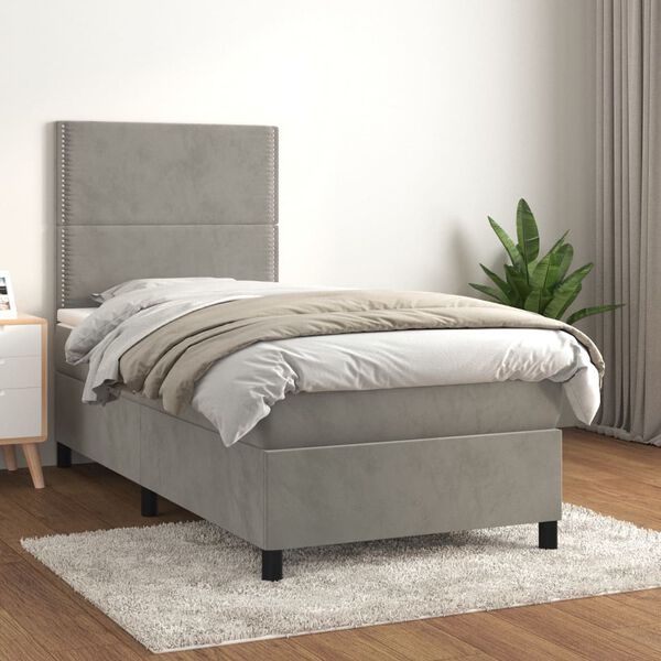 vidaXL Cama com molas/colch&atilde;o 100x200 cm veludo cinza-claro