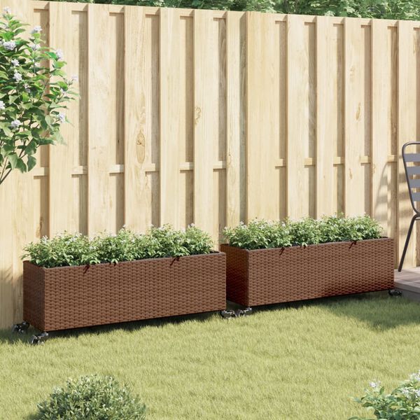 vidaXL Canteiro jardim c/ rodas 2pcs 107x32x38cm vime PE castanho