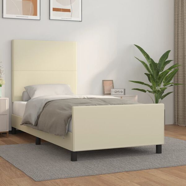vidaXL Estrutura de cama c/ cabeceira couro artificial 90x200 cm creme