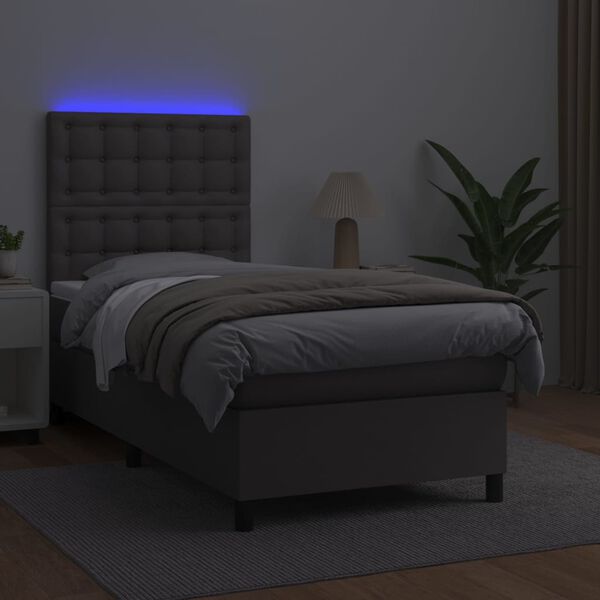 vidaXL Cama box spring c/ colchão/LED 100x200cm couro artificial cinza