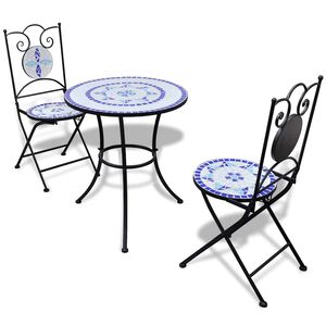 vidaXL Conjunto bistr&ocirc; azulejos de cer&acirc;mica 3 pcs azul e branco