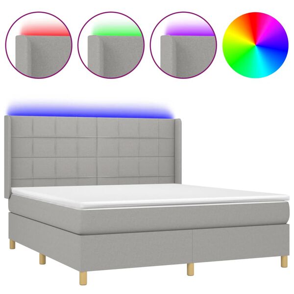 vidaXL Cama box spring c/ colch&atilde;o e LED 180x200 cm tecido cinza-claro