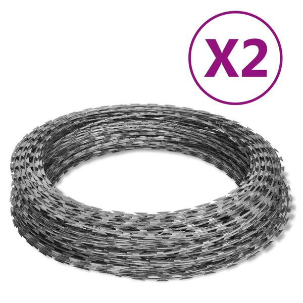vidaXL Rolos de arame farpado helicoidal 2 pcs a&ccedil;o galvanizado 60 m