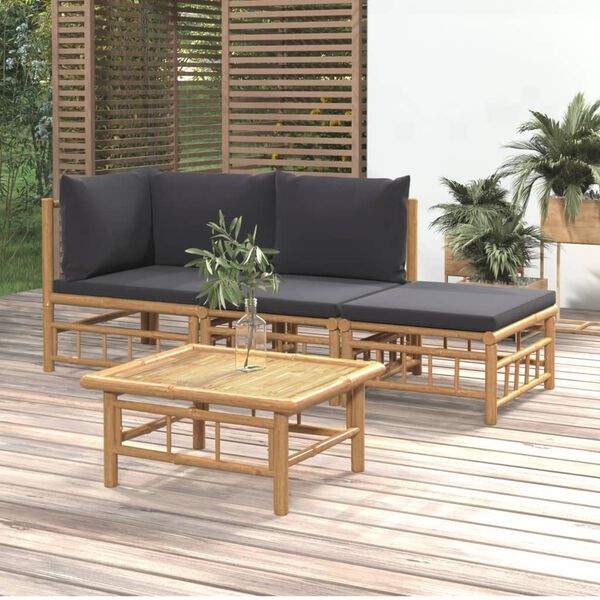 vidaXL 4pcs conj. lounge de jardim bambu c/ almofadões cinzento-escuro