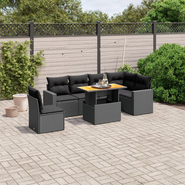 vidaXL 7 pcs conjunto de sof&aacute;s p/ jardim c/ almofad&otilde;es vime PE preto