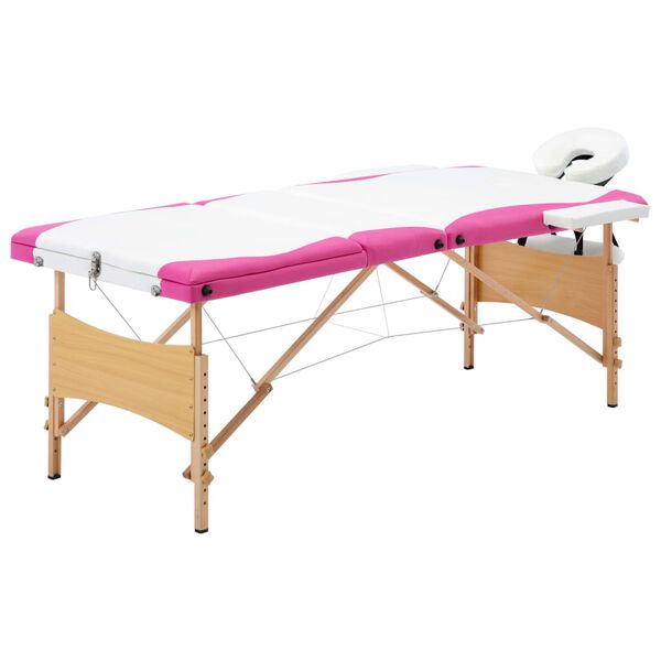 vidaXL Mesa de massagens dobr&aacute;vel 3 zonas madeira branco e rosa