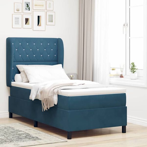 vidaXL Cama Box com colch&atilde;o Azul Escuro 200 x 90 cm Poli&eacute;ster
