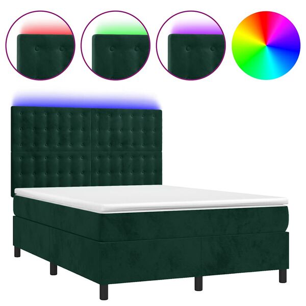 vidaXL Cama box spring c/ colch&atilde;o/LED 140x200 cm veludo verde-escuro