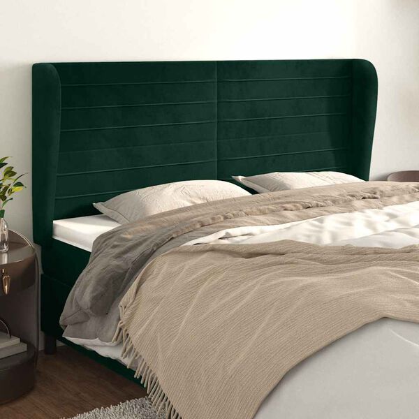 vidaXL Cabeceira cama c/ abas veludo 163x23x118/128 cm verde-escuro