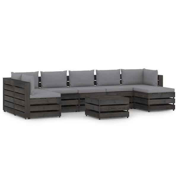 vidaXL 8 pcs conj. lounge jardim c/ almofad&otilde;es madeira impreg. cinza