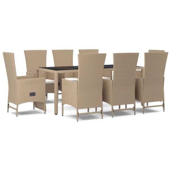 vidaXL 9 pcs conjunto de jantar p/ jardim com almofad&otilde;es vime PE bege