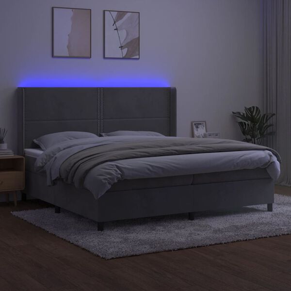 vidaXL Cama box spring c/ colch&atilde;o/LED 200x200 cm veludo cinzento-claro