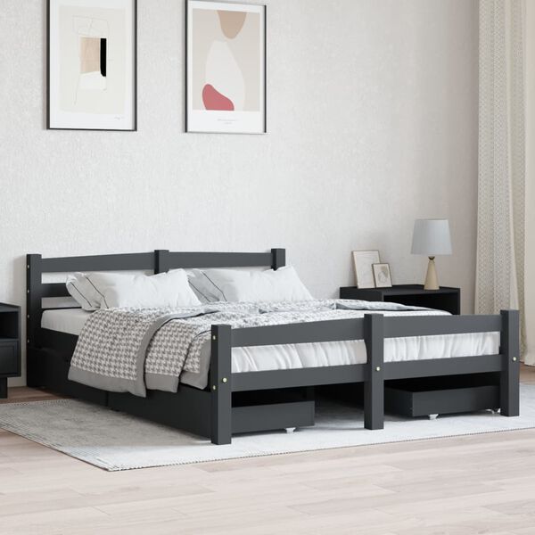 vidaXL Estrutura cama c/ 4 gavetas 140x200cm pinho maci&ccedil;o cinza-escuro