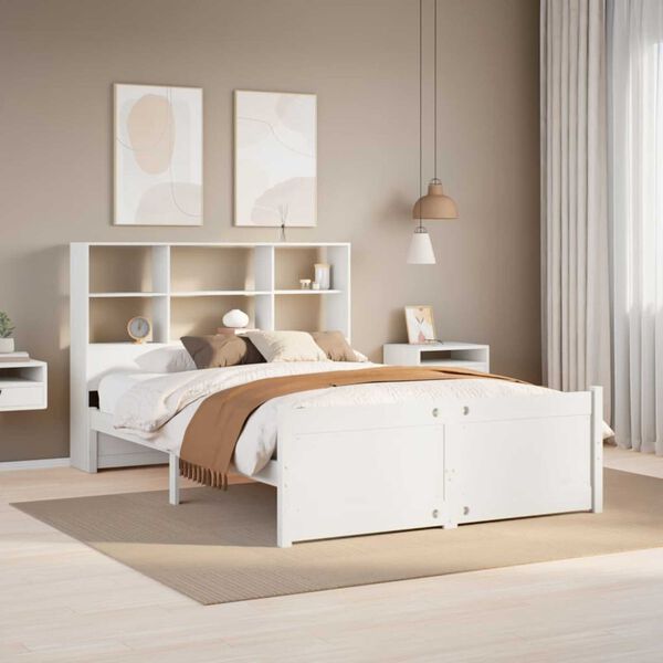 vidaXL Cama com estante sem colchão 120x200 cm pinho maciço branco