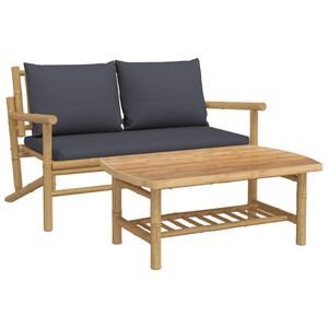 vidaXL 2pcs conj. lounge de jardim bambu c/ almofad&otilde;es cinzento-escuro
