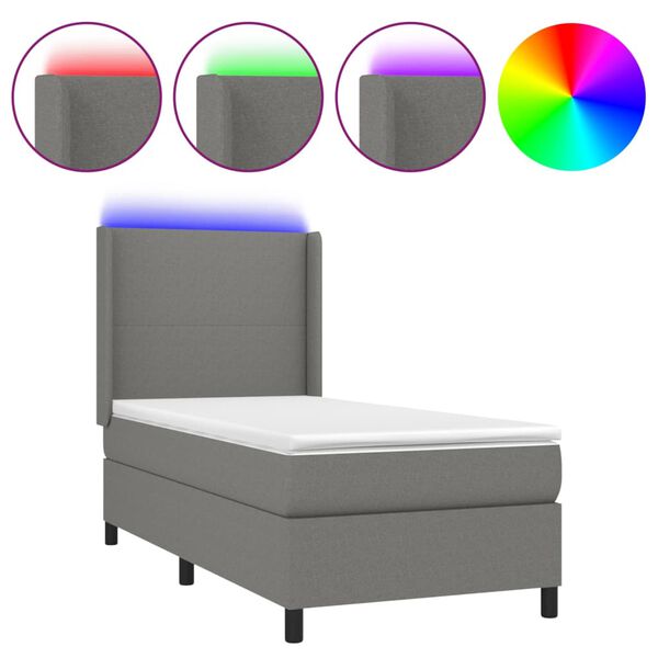 vidaXL Cama box spring c/ colch&atilde;o e LED 90x190 cm tecido cinza-escuro