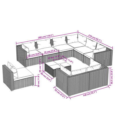 vidaXL 10 pcs conjunto lounge de jardim c/ almofadões vime PE cinzento