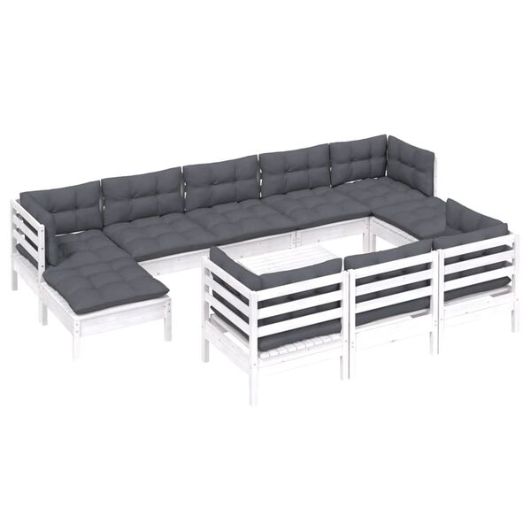 vidaXL 11 pcs conj. lounge de jardim c/ almofad&otilde;es pinho maci&ccedil;o branco