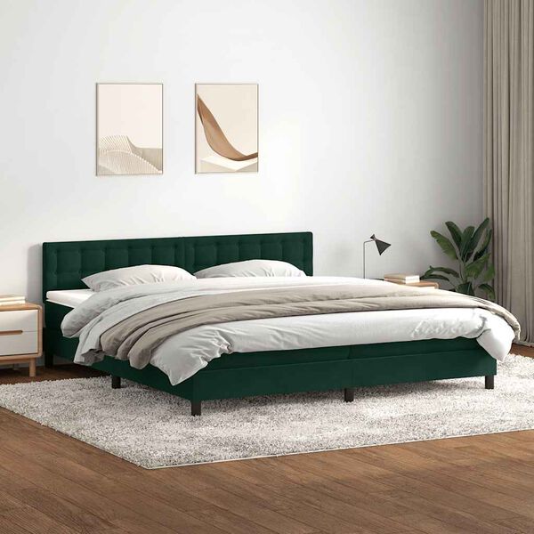 vidaXL Cama box spring c/ colch&atilde;o e LED 180x220 cm veludo verde-escuro