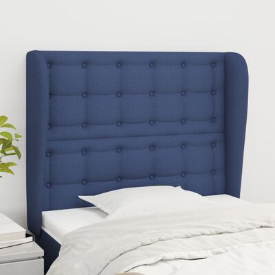 vidaXL Cabeceira de cama c/ abas tecido 103x23x118/128 cm azul