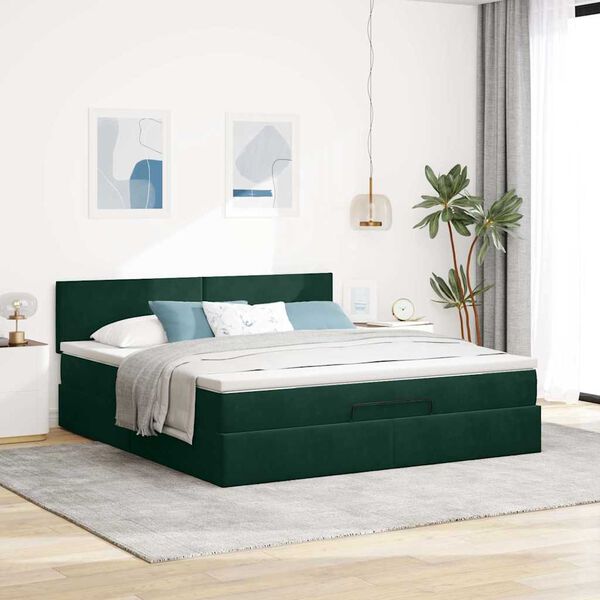 vidaXL Estrutura de cama otomana com colch&atilde;o 180x200 cm verde escuro