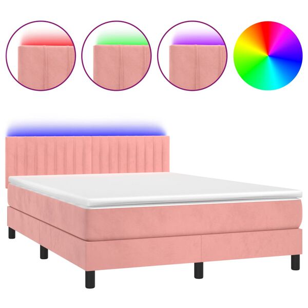 vidaXL Cama box spring c/ colch&atilde;o/LED 140x200 cm veludo rosa