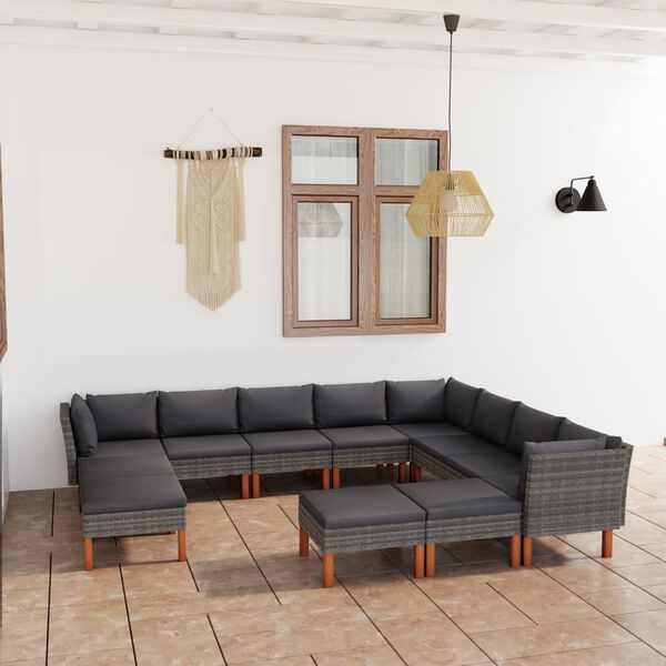 vidaXL 12 pcs conjunto lounge de jardim c/ almofad&otilde;es vime PE cinzento